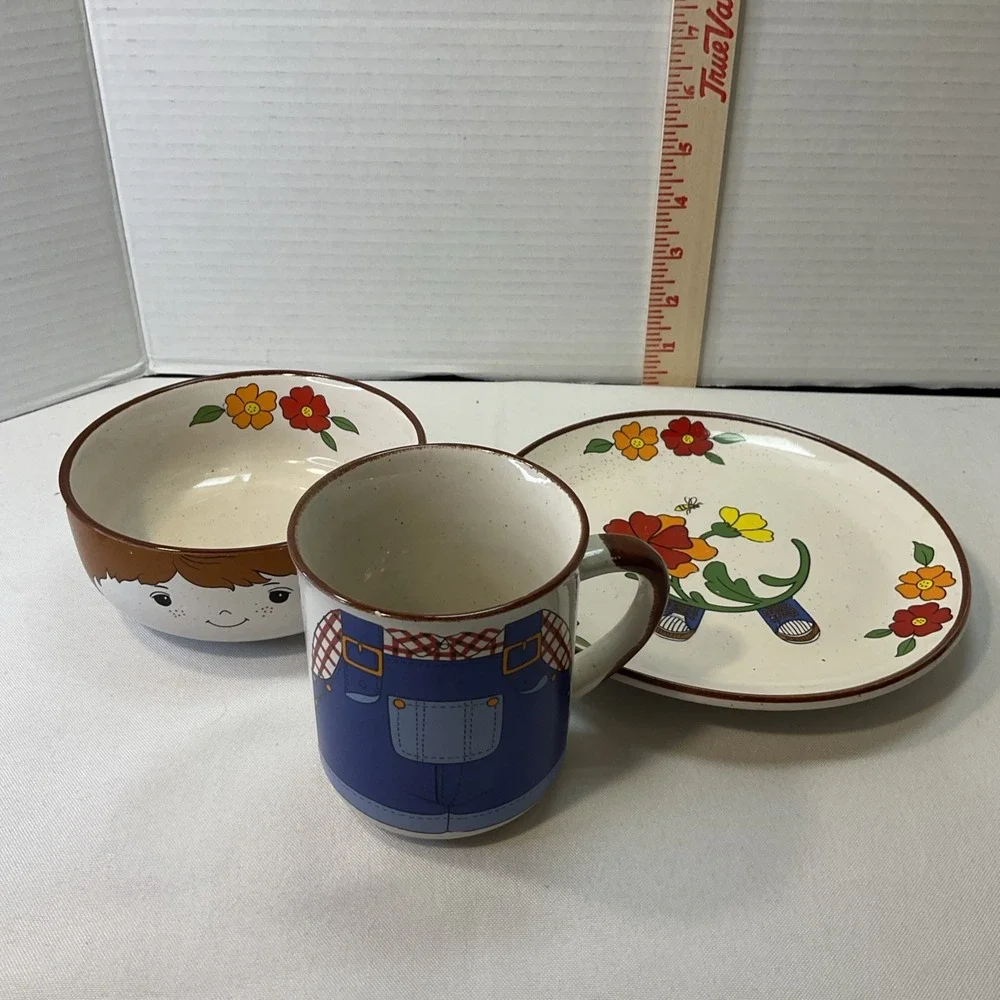 Vintage Childrens Interpur 3‎ pc Stackable Dish Set Cup Bowl Plate Farmer Boy